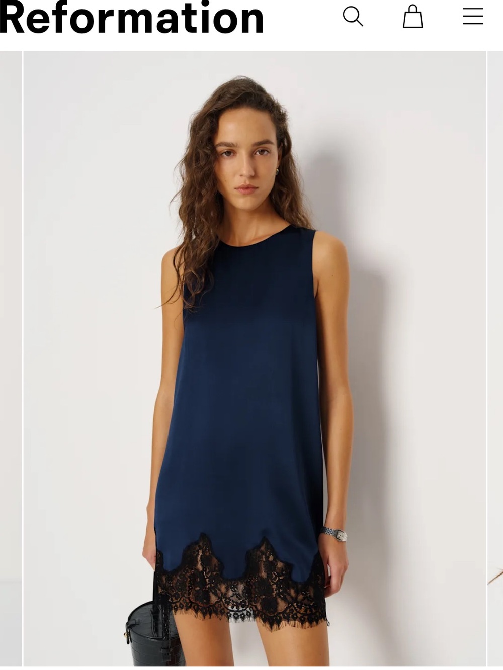 Reformation Jessalyn Navy Silk Slip Dress with Black Lace Hem size XS